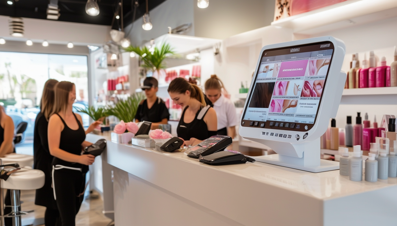 A vibrant beauty salon with a modern point of sale